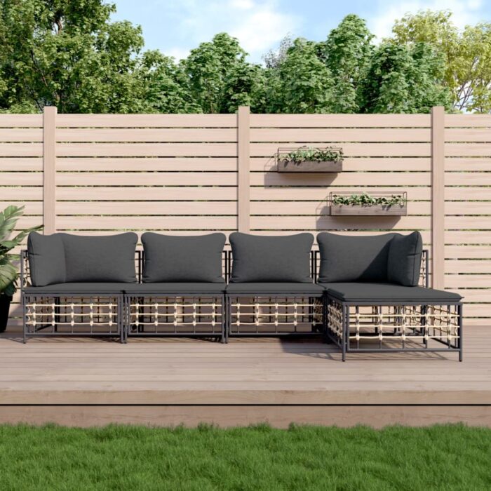 Salon de jardin 5 pcs avec coussins anthracite résine tressée – Image 1
