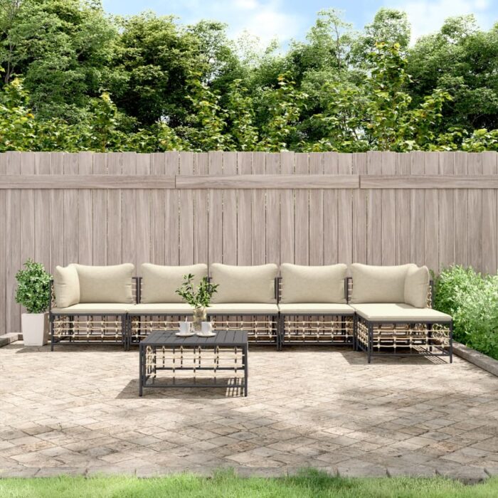 Salon de jardin 6 pcs avec coussins anthracite résine tressée – Image 1