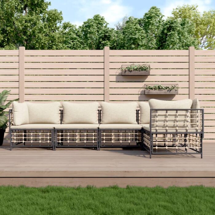Salon de jardin 5 pcs avec coussins anthracite résine tressée – Image 1