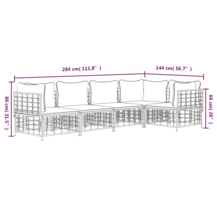 Salon de jardin 5 pcs avec coussins anthracite résine tressée – Image 6
