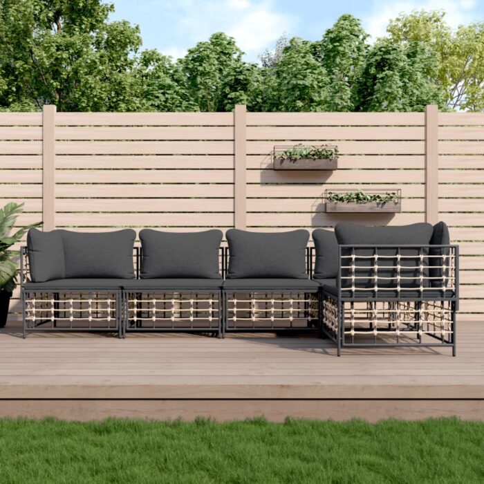 Salon de jardin 5 pcs avec coussins anthracite résine tressée – Image 1