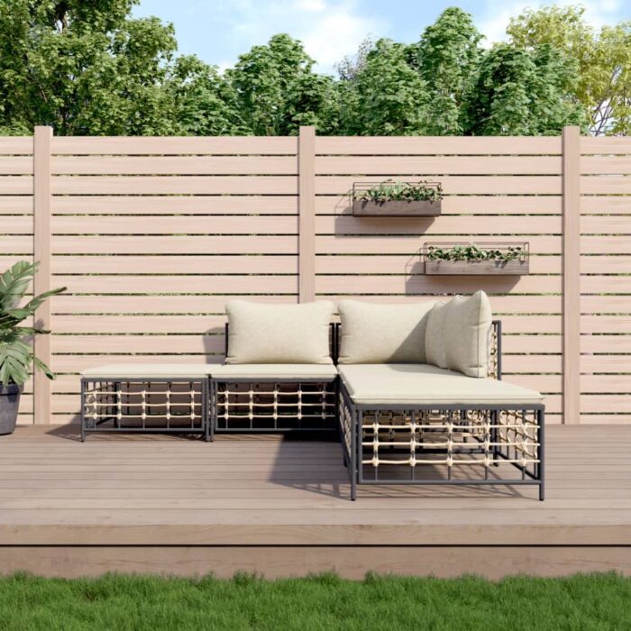 Salon de jardin 5 pcs avec coussins anthracite résine tressée – Image 1