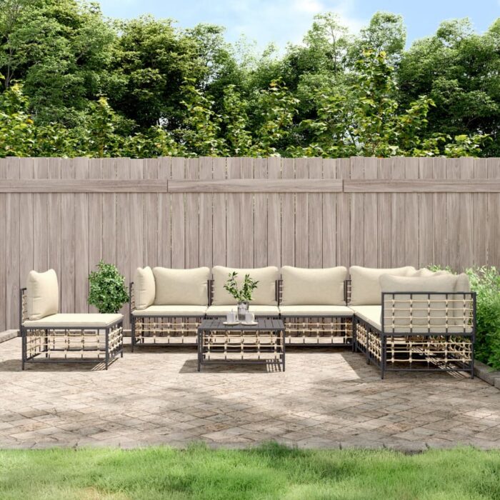 Salon de jardin 8 pcs avec coussins anthracite résine tressée – Image 1