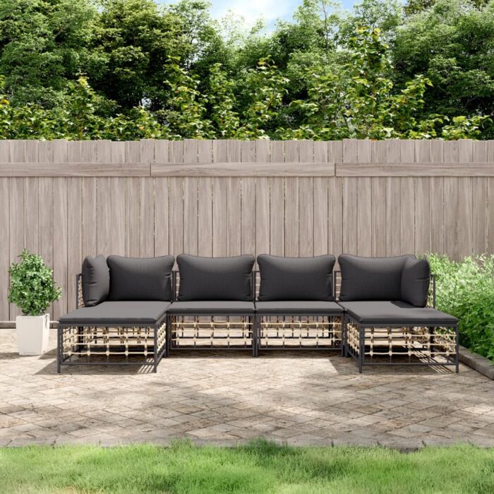 Salon de jardin 6 pcs avec coussins anthracite résine tressée – Image 1