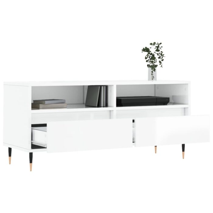Meuble TV blanc brillant 100x34,5x44,5 cm bois d'ingénierie – Image 2