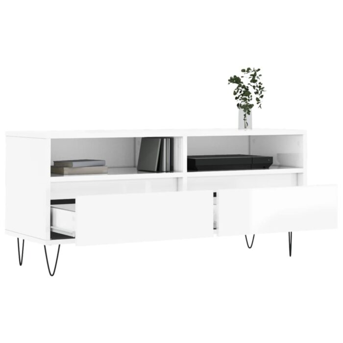 Meuble TV blanc brillant 100x34,5x44,5 cm bois d'ingénierie – Image 2