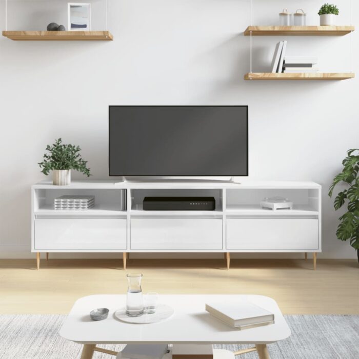 Meuble TV blanc brillant 150x30x44,5 cm bois d'ingénierie – Image 1