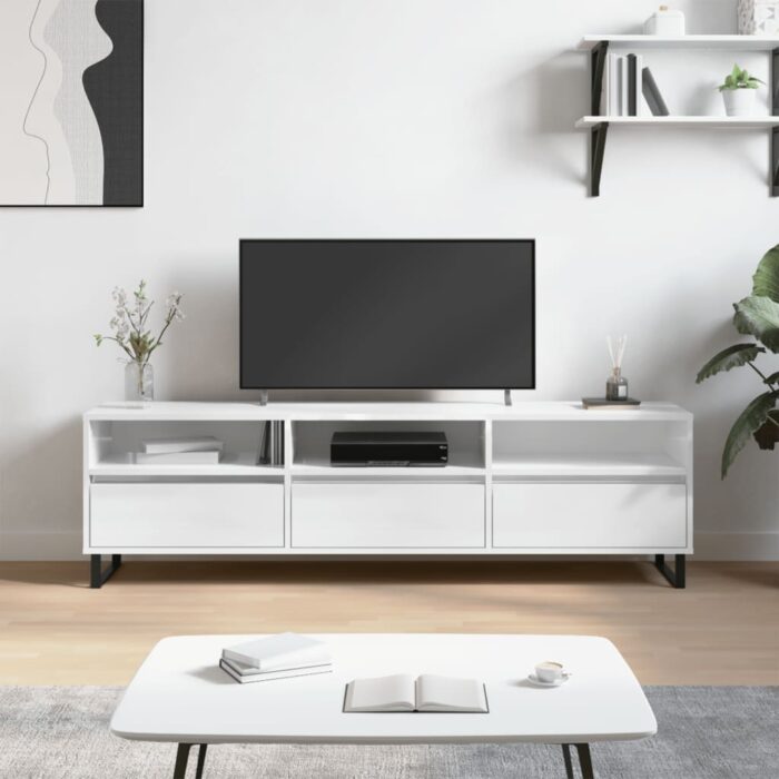 Meuble TV blanc brillant 150x30x44,5 cm bois d'ingénierie – Image 1