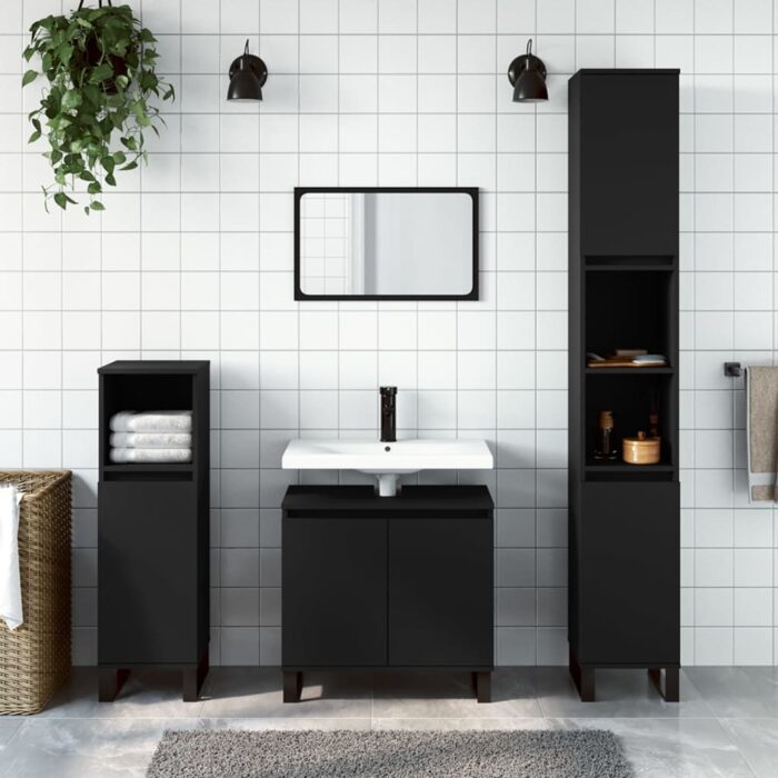 Armoire de salle de bain noir 30x30x190 cm bois d'ingénierie – Image 1