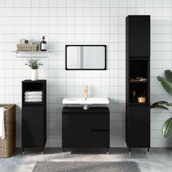 Armoire de salle de bain noir 65x33x60 cm bois d'ingénierie – Image 1
