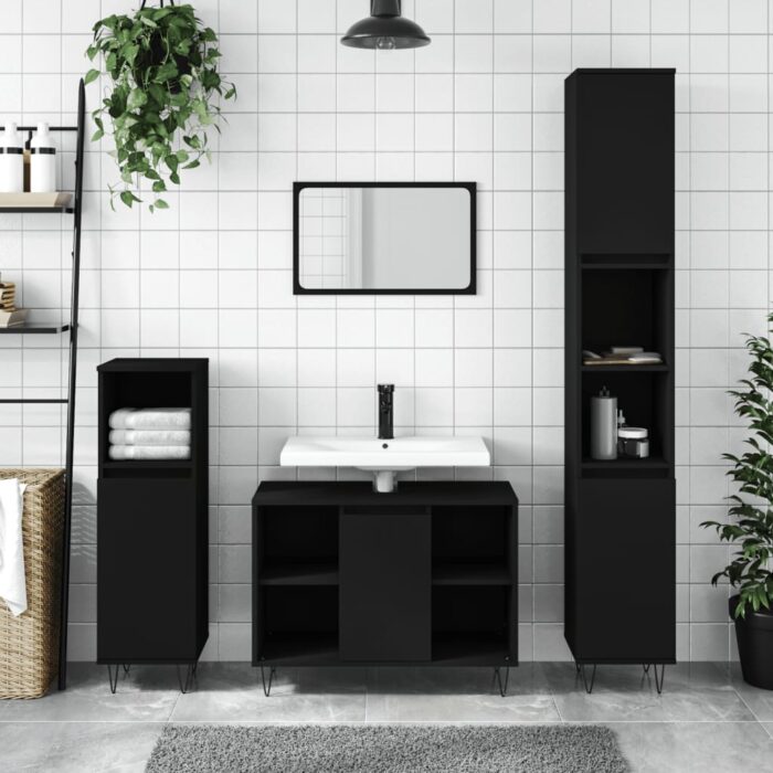 Armoire de salle de bain noir 80x33x60 cm bois d'ingénierie – Image 1