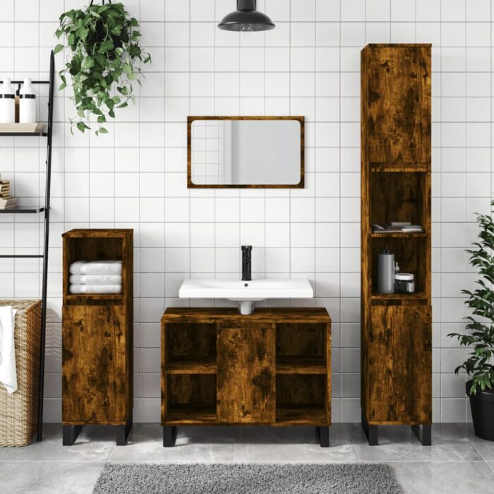 Armoire salle de bain chêne fumé 80x33x60cm bois d'ingénierie – Image 1