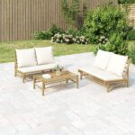Salon de jardin 2 pcs avec coussins blanc crème bambou