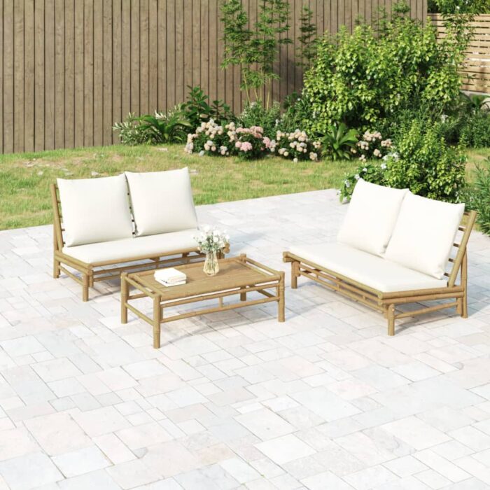 Salon de jardin 2 pcs avec coussins blanc crème bambou – Image 1