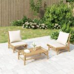 Chaises de jardin lot de 2 avec coussins blanc crème bambou