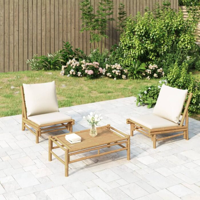 Chaises de jardin lot de 2 avec coussins blanc crème bambou – Image 1