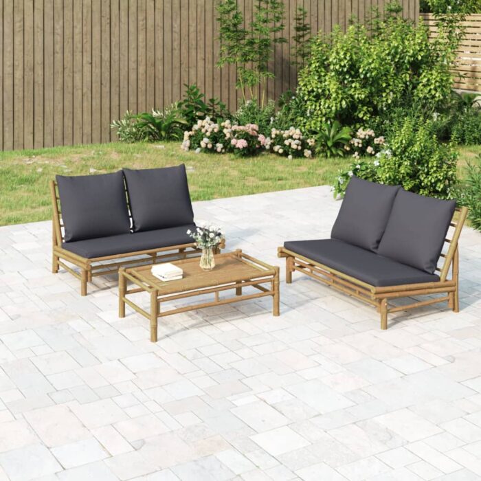 Banc de jardin avec coussins gris foncé bambou – Image 1