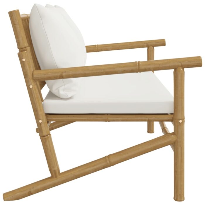 Banc de jardin avec coussins blanc crème bambou – Image 2