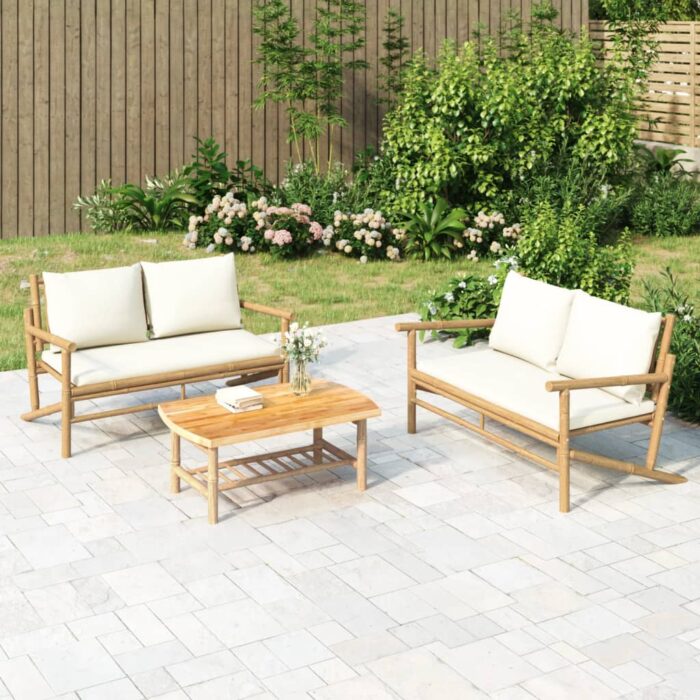 Banc de jardin avec coussins blanc crème bambou – Image 1