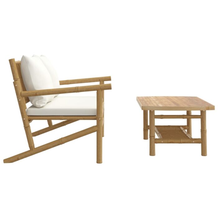 Salon de jardin 2 pcs avec coussins blanc crème bambou – Image 2