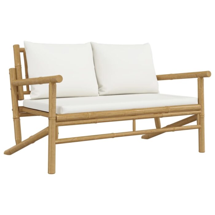 Salon de jardin 2 pcs avec coussins blanc crème bambou – Image 3