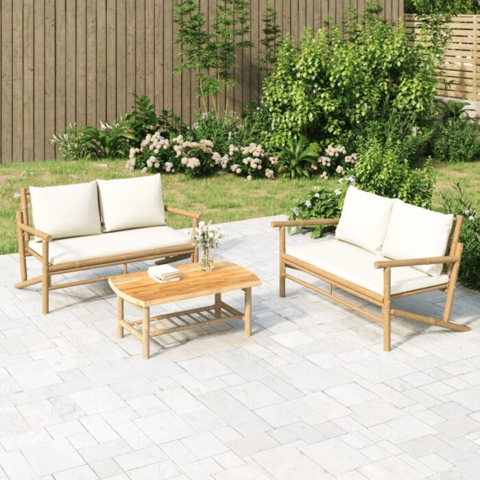 Salon de jardin 2 pcs avec coussins blanc crème bambou – Image 1