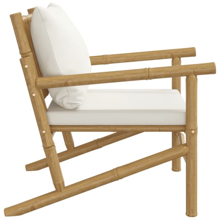 Chaises de jardin lot de 2 avec coussins blanc crème bambou – Image 3