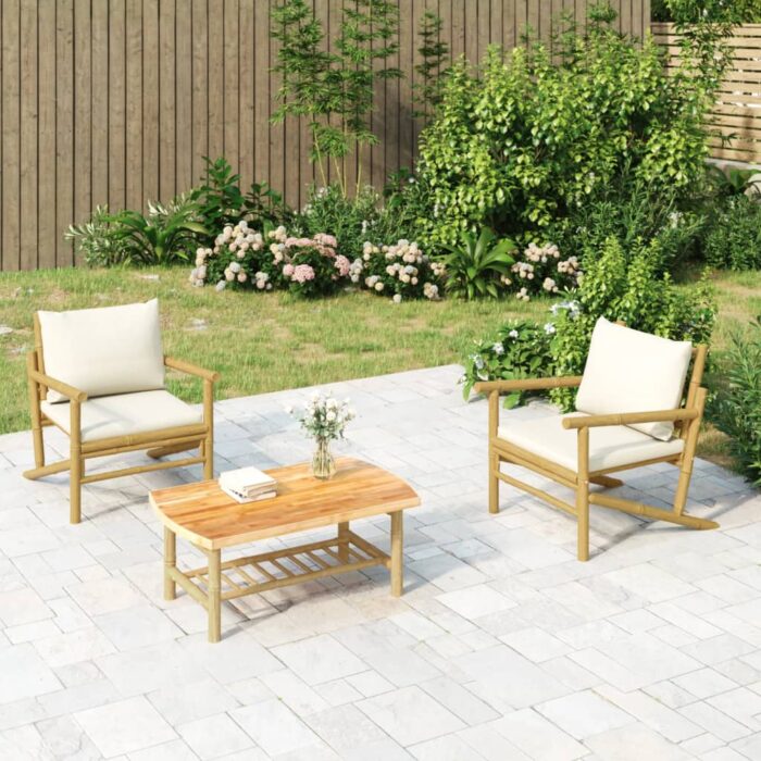 Chaises de jardin lot de 2 avec coussins blanc crème bambou – Image 1