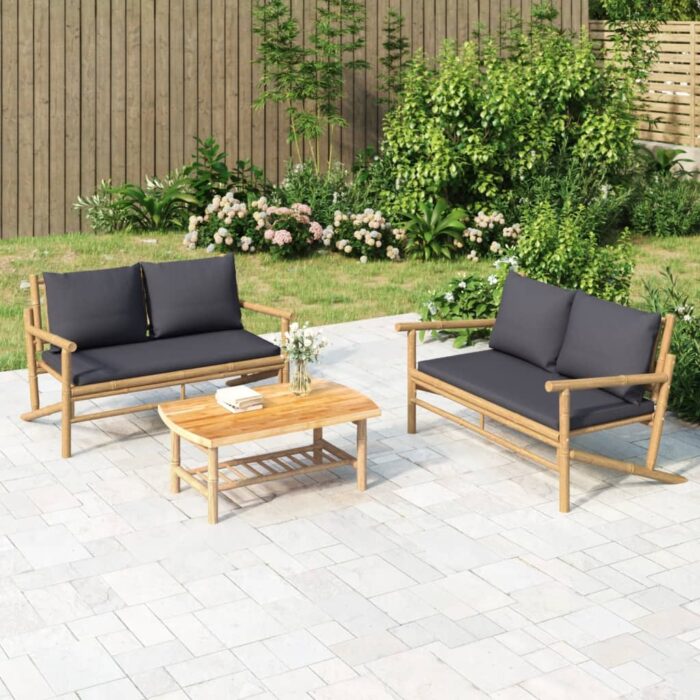 Banc de jardin avec coussins gris foncé bambou – Image 1