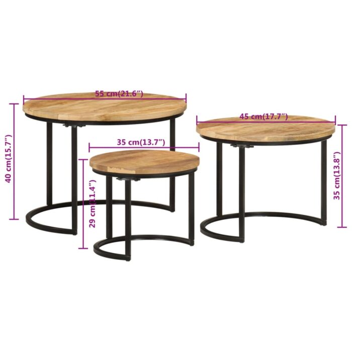 Tables gigognes 3 pcs bois de manguier massif brut – Image 6