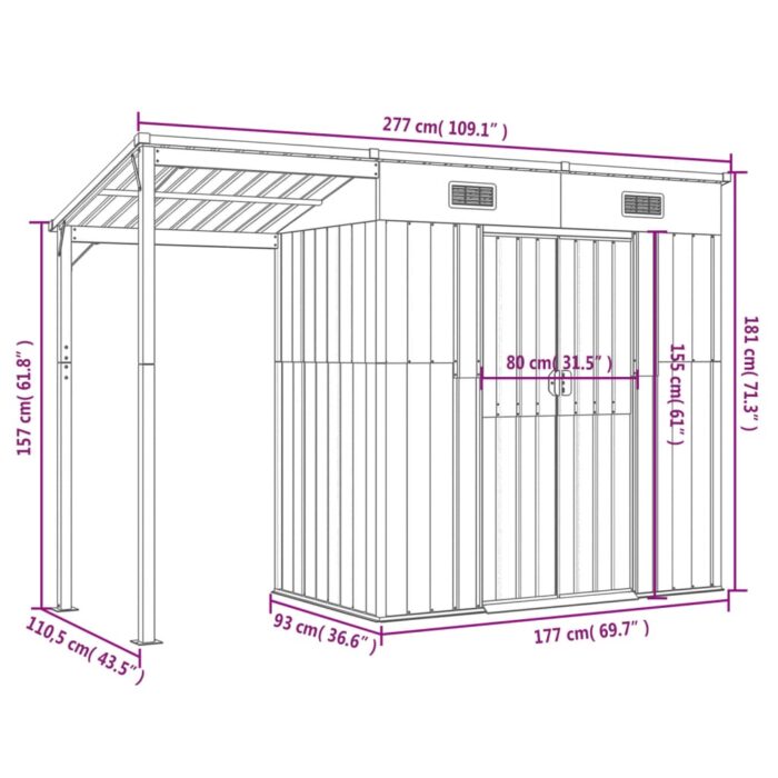 Abri de jardin avec toit prolongé gris clair 277x110,5x181 cm – Image 7