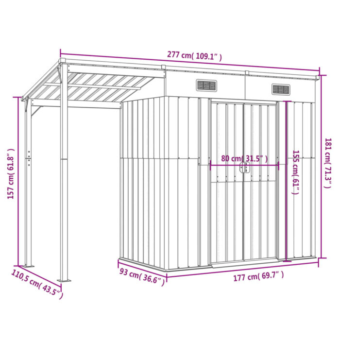 Abri de jardin avec toit prolongé marron 277x110,5x181 cm acier – Image 7