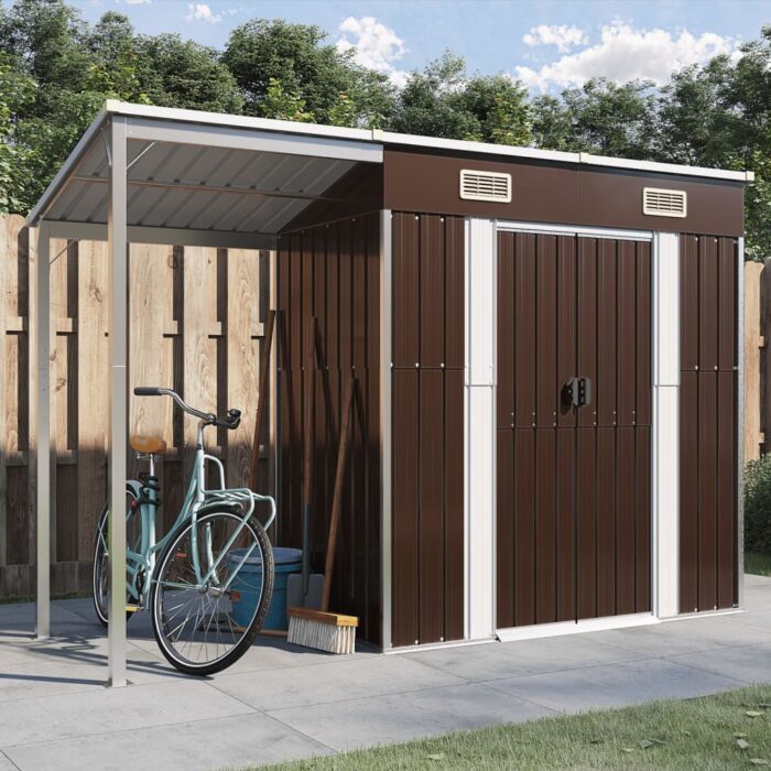 Abri de jardin avec toit prolongé marron 277x110,5x181 cm acier – Image 1