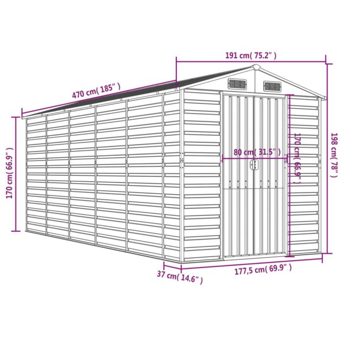 Abri de jardin gris clair 191x470x198 cm acier galvanisé – Image 10
