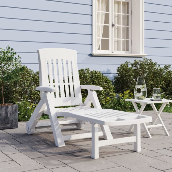 Chaise longue pliable avec roues blanc PP – Image 1