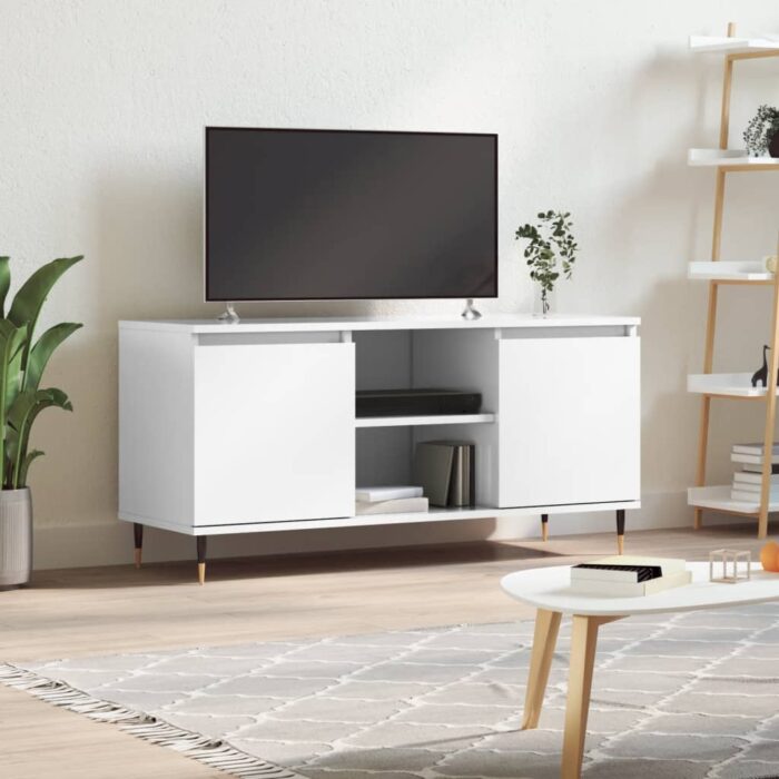 Meuble TV blanc brillant 104x35x50 cm bois d'ingénierie – Image 1