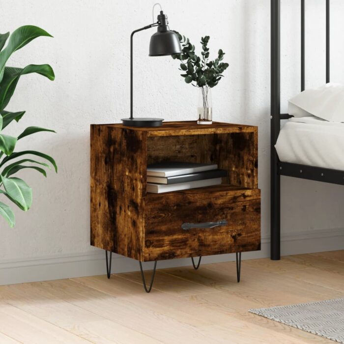 Table de chevet chêne fumé 40x35x47,5 cm bois d’ingénierie – Image 1