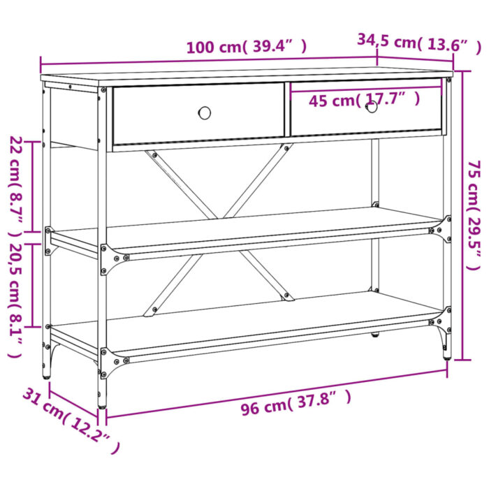 Table console avec tiroirs et étagères chêne fumé – Image 9