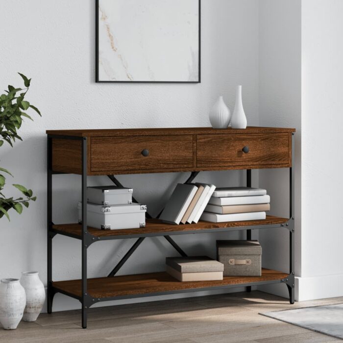 Table console avec tiroirs et étagères chêne marron – Image 1