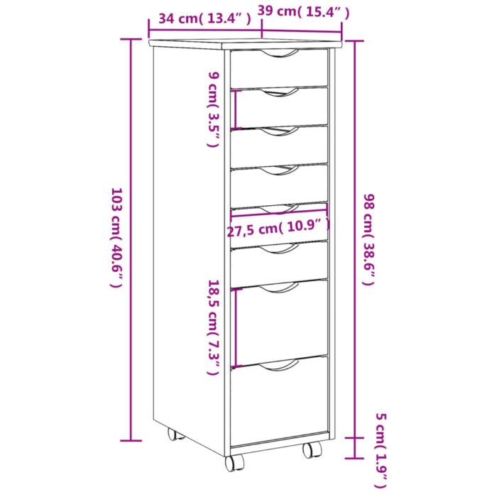 Armoire roulante avec tiroirs MOSS gris bois de pin solide – Image 7