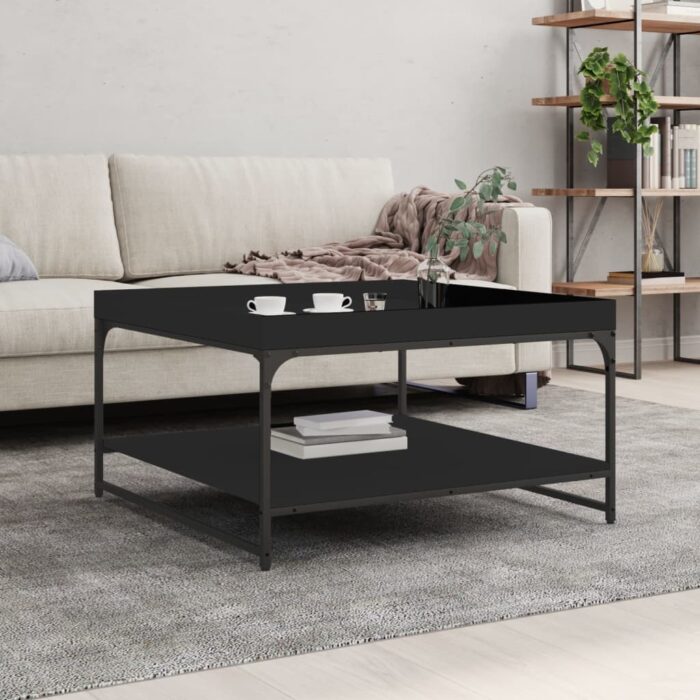 Table basse noir 80x80x45 cm bois d'ingénierie et fer – Image 1