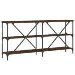 Table console chêne marron 160x30x75cm bois d'ingénierie et fer – Image 4