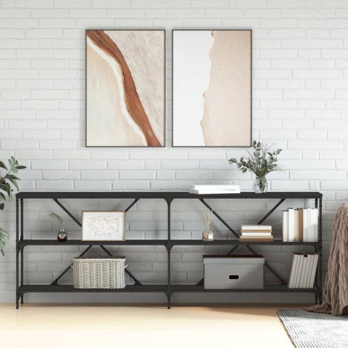 Table console noir 200x30x75 cm bois d'ingénierie et fer – Image 1