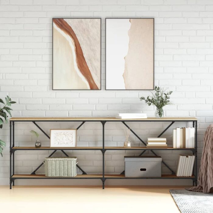 Table console chêne sonoma 200x30x75cm bois d'ingénierie et fer – Image 1