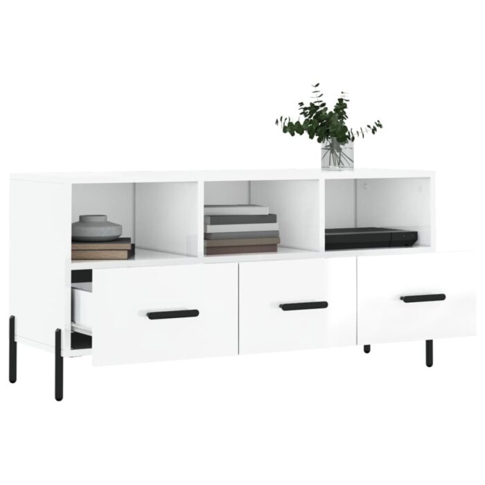 Meuble TV Blanc brillant 102x36x50 cm Bois d'ingénierie – Image 2
