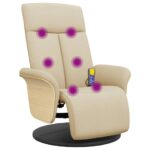 Fauteuil inclinable de massage avec repose-pieds crème tissu – Image 5
