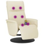 Fauteuil inclinable de massage et repose-pieds crème similicuir – Image 5