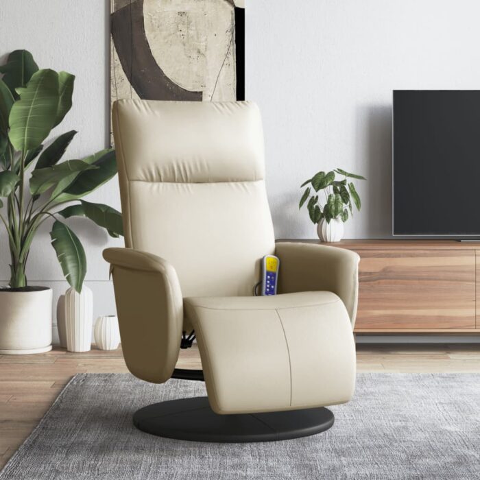 Fauteuil inclinable de massage et repose-pieds crème similicuir – Image 1