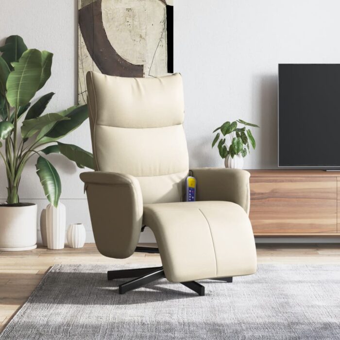 Fauteuil inclinable de massage et repose-pieds crème similicuir – Image 1