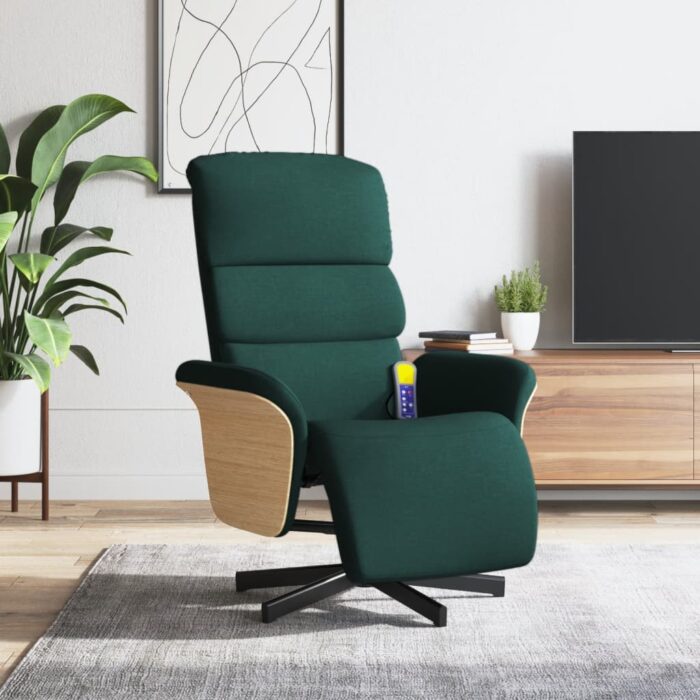 Fauteuil inclinable de massage et repose-pieds vert foncé tissu – Image 1